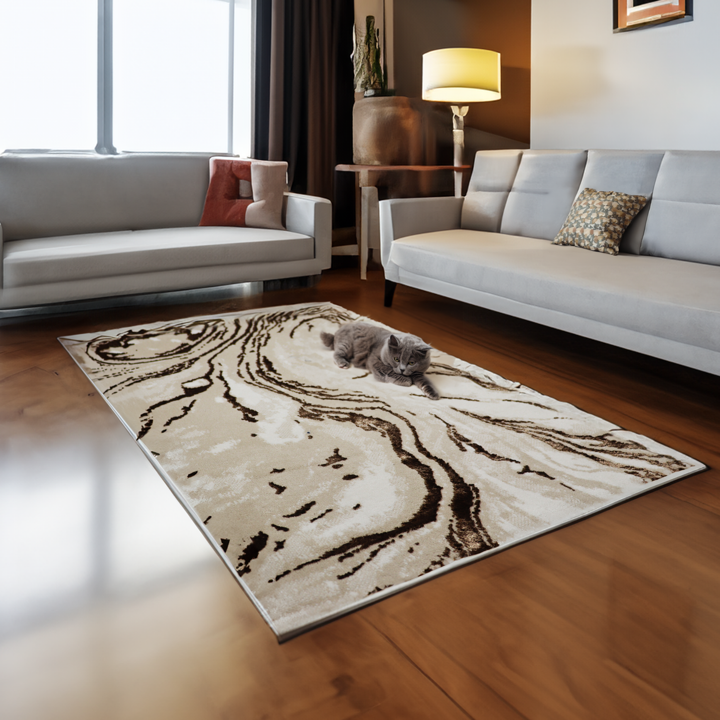 Covor Mirage, Living/Dormitor, Negru, Maro, Auriu, Alb, Incalzire in pardoseala, Fir Scurt 8 mm, Dimensiuni 80x150 cm, 1750 g/m², BravaCasa