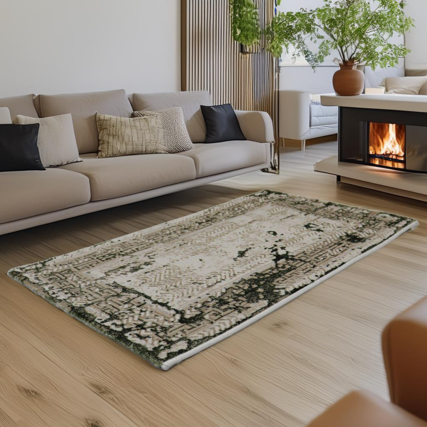 Covor Viridi Harmonia, Living/Dormitor, Verde, crem, auriu, Incalzire in pardoseala, Fir Scurt 8 mm , Dimensiuni 80x150 cm, 1750 g/m², BravaCasa