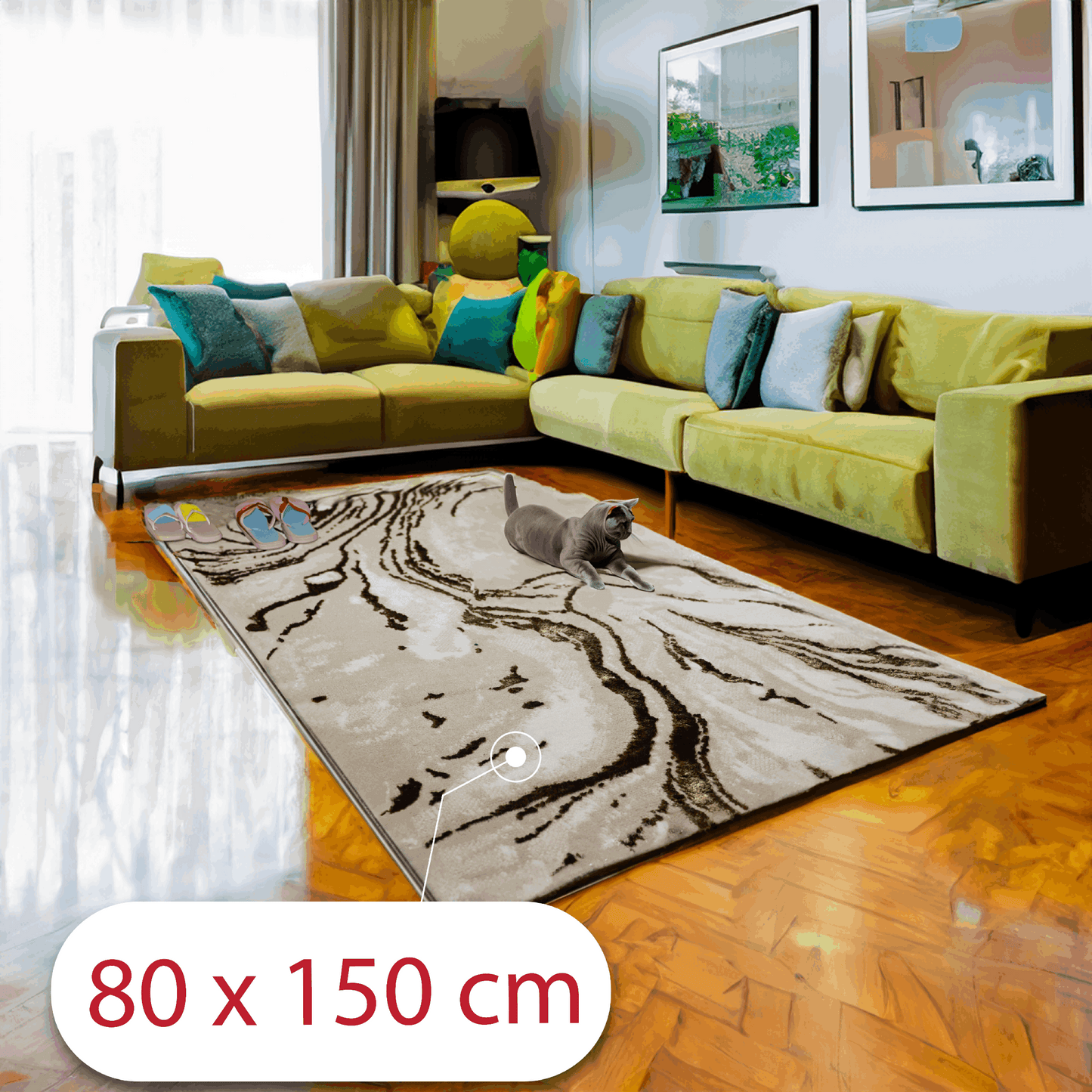 Covor Mirage, Living/Dormitor, Negru, Maro, Auriu, Alb, Incalzire in pardoseala, Fir Scurt 8 mm, Dimensiuni 80x150 cm, 1750 g/m², BravaCasa