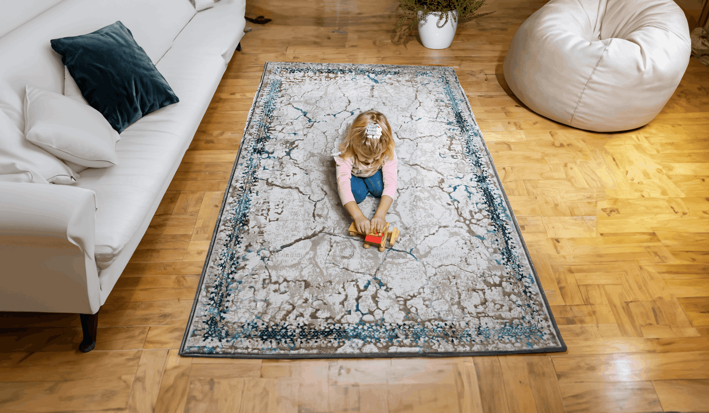 Covor Marbella Essence, Living/Dormitor, Albastru, Crem, Bej, Incalzire in pardoseala, Fir Scurt 8 mm, Dimensiuni 80x150 cm, 1750 g/m², BravaCasa