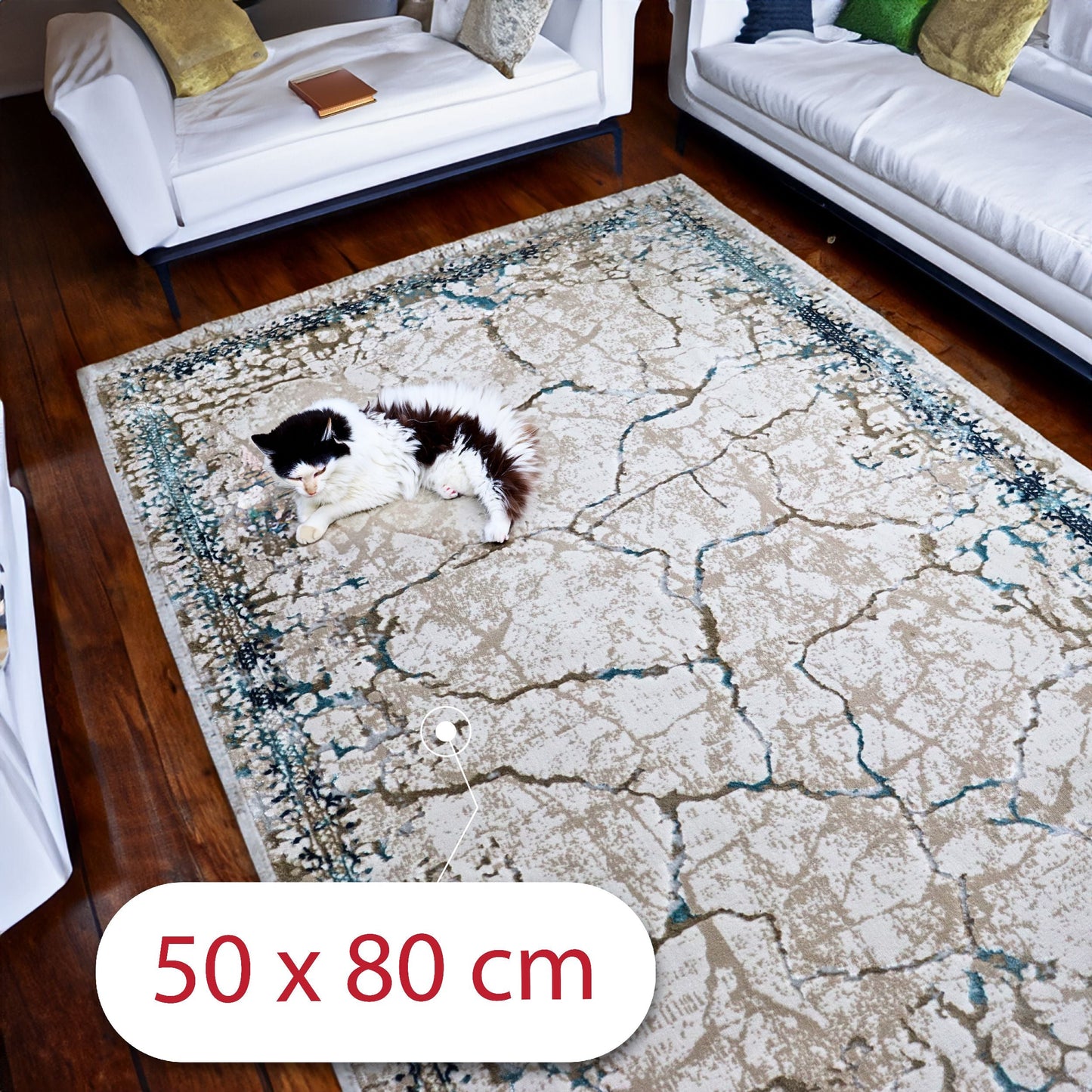 Covor Marbella Essence, Living/Dormitor, Albastru, Crem, Bej, Incalzire in pardoseala, Fir Scurt 8 mm, Dimensiuni 50x80 cm, 1750 g/m², BravaCasa