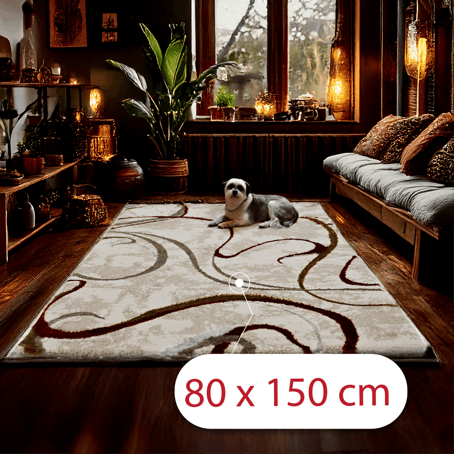 Covor Rubra Elegantia, Living/Dormitor, Rosu cu Bej si Crem, Incalzire in pardoseala, Fir Scurt 8 mm, Dimensiuni 80x150 cm, 1750 g/m², BravaCasa