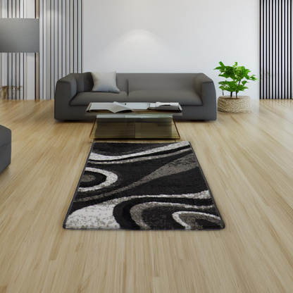 Covor Obsidian Tide, Negru/Alb/Gri, Incalzire in pardoseala, Fir Scurt si Des de 8 mm, 80x150 cm, 1300 g/m², BravaCasa