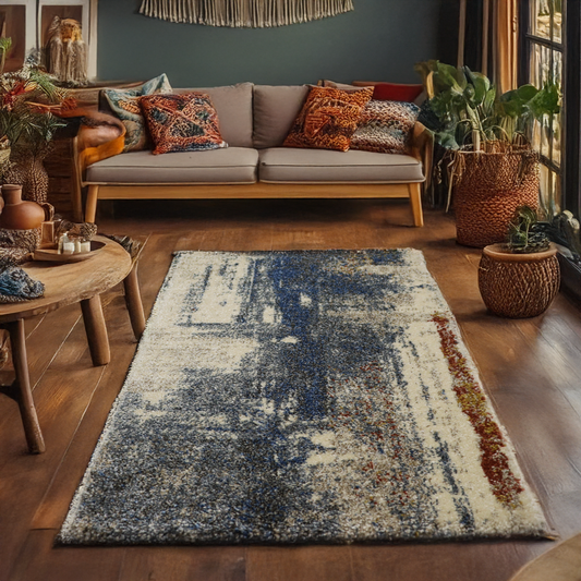 Covor Cerulean Vibes, Living/Dormitor, Albastru, Caramiziu si Crem, Incalzire in pardoseala, Fir Scurt 12 mm, Dimensiuni 80x150 cm, 2300 g/m², BravaCasa