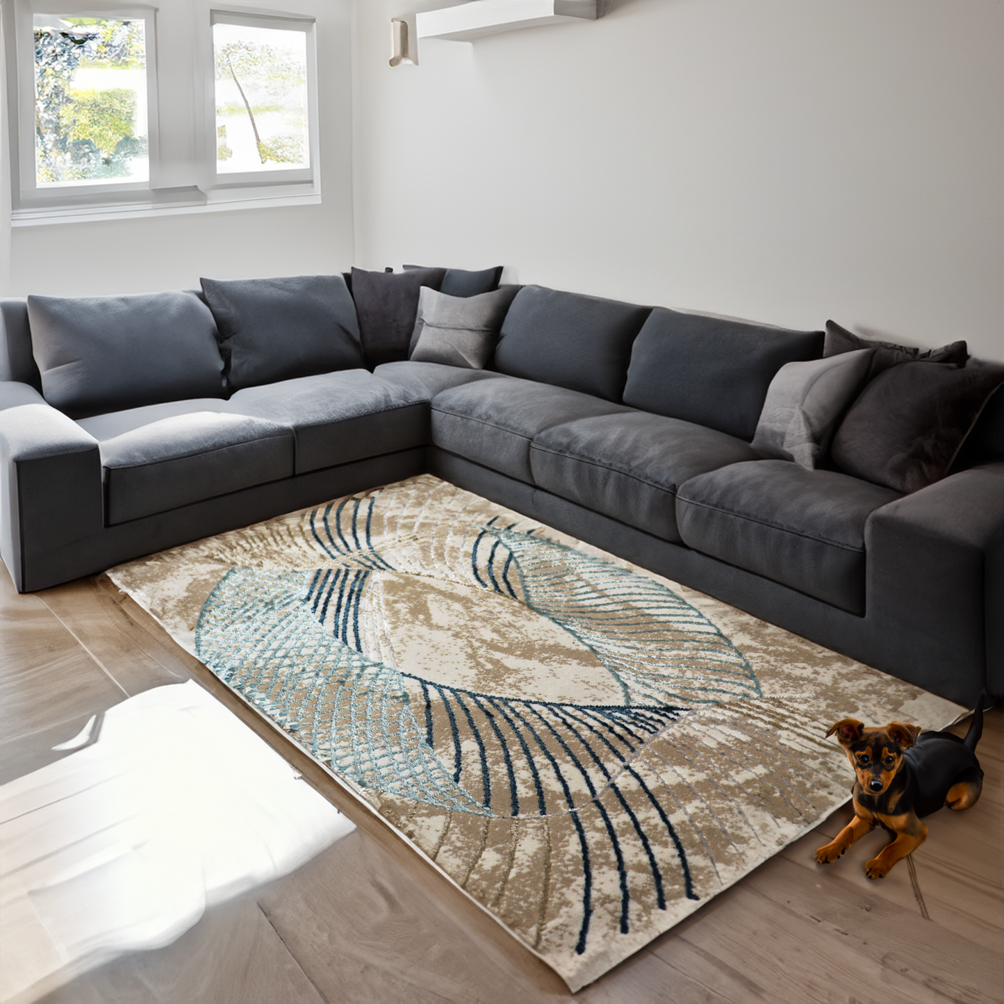 Covor Spirae Natura, Living/Dormitor, Albastru, Negru, Gri, Incalzire in pardoseala, Fir Scurt 8 mm , Dimensiuni 80x150 cm, 1750 g/m², BravaCasa