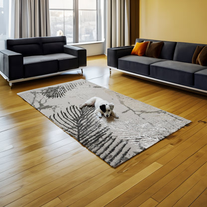 Covor Noir Leaf Elegance, Living/Dormitor, Gri, Crem si Negru, Incalzire in pardoseala, Fir Scurt 8 mm, Dimensiuni 80x150 cm, 1400 g/m², BravaCasa