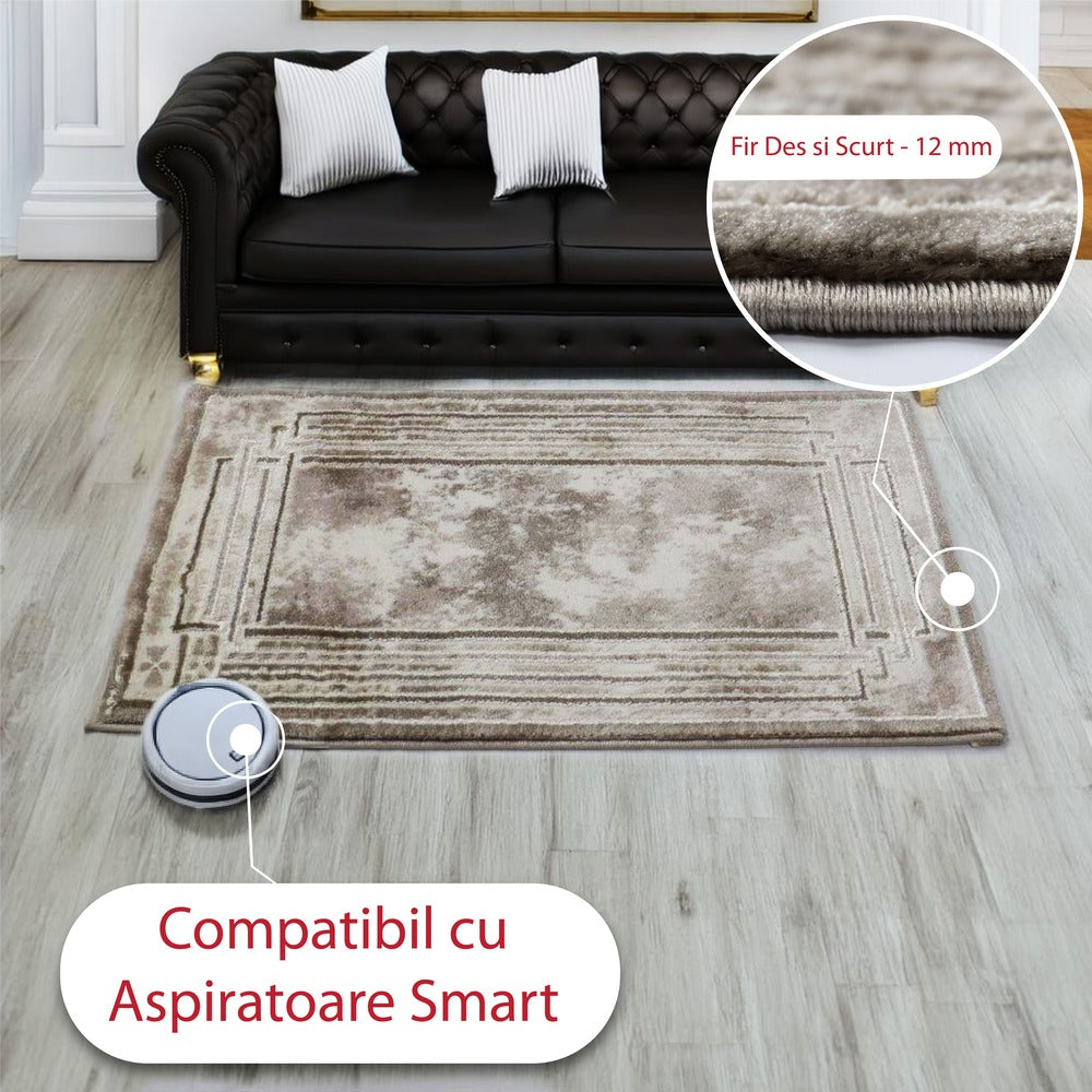 Covor Beige Helikon, Living/Dormitor, Bej, Crem, Incalzire in pardoseala, Fir Scurt 12 mm, Dimensiuni 80x300 cm, 2300 g/m², BravaCasa