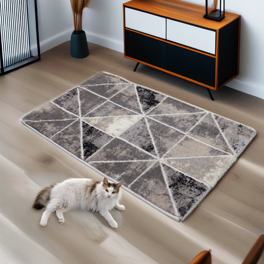 Covor Triangora Essence, Living/Dormitor, Gri, Crem, Negru, Incalzire in pardoseala, Fir Scurt 12 mm, Dimensiuni 80x150 cm, 2300 g/m², BravaCasa