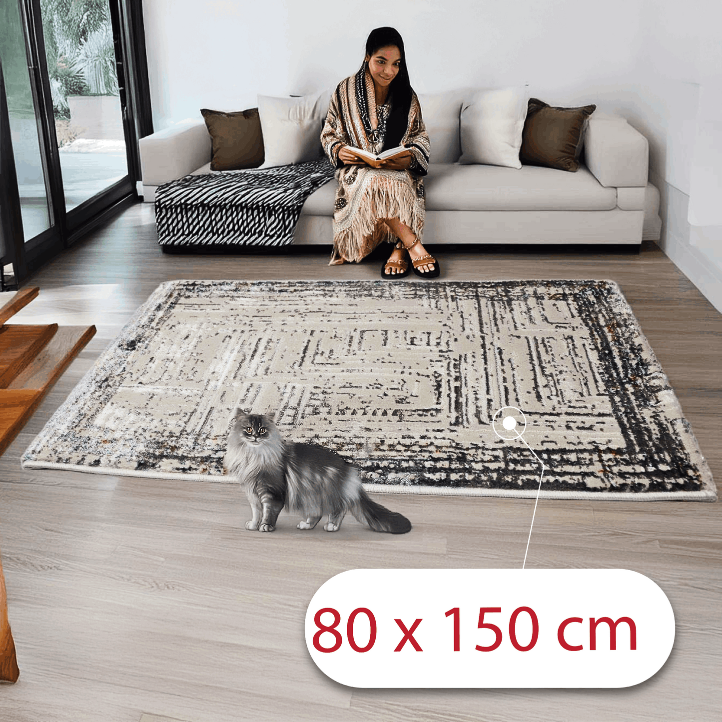 Covor Athenos Quadria, Living/Dormitor, Negru, crem, maro, Incalzire in pardoseala, Fir Scurt 8 mm, Dimensiuni 80x150 cm, 2500 g/m², BravaCasa