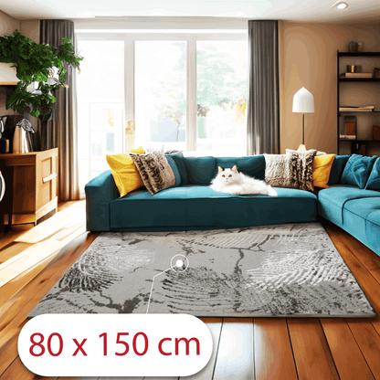 Covor Noir Leaf Elegance, Living/Dormitor, Gri, Crem si Negru, Incalzire in pardoseala, Fir Scurt 8 mm, Dimensiuni 80x150 cm, 1400 g/m², BravaCasa