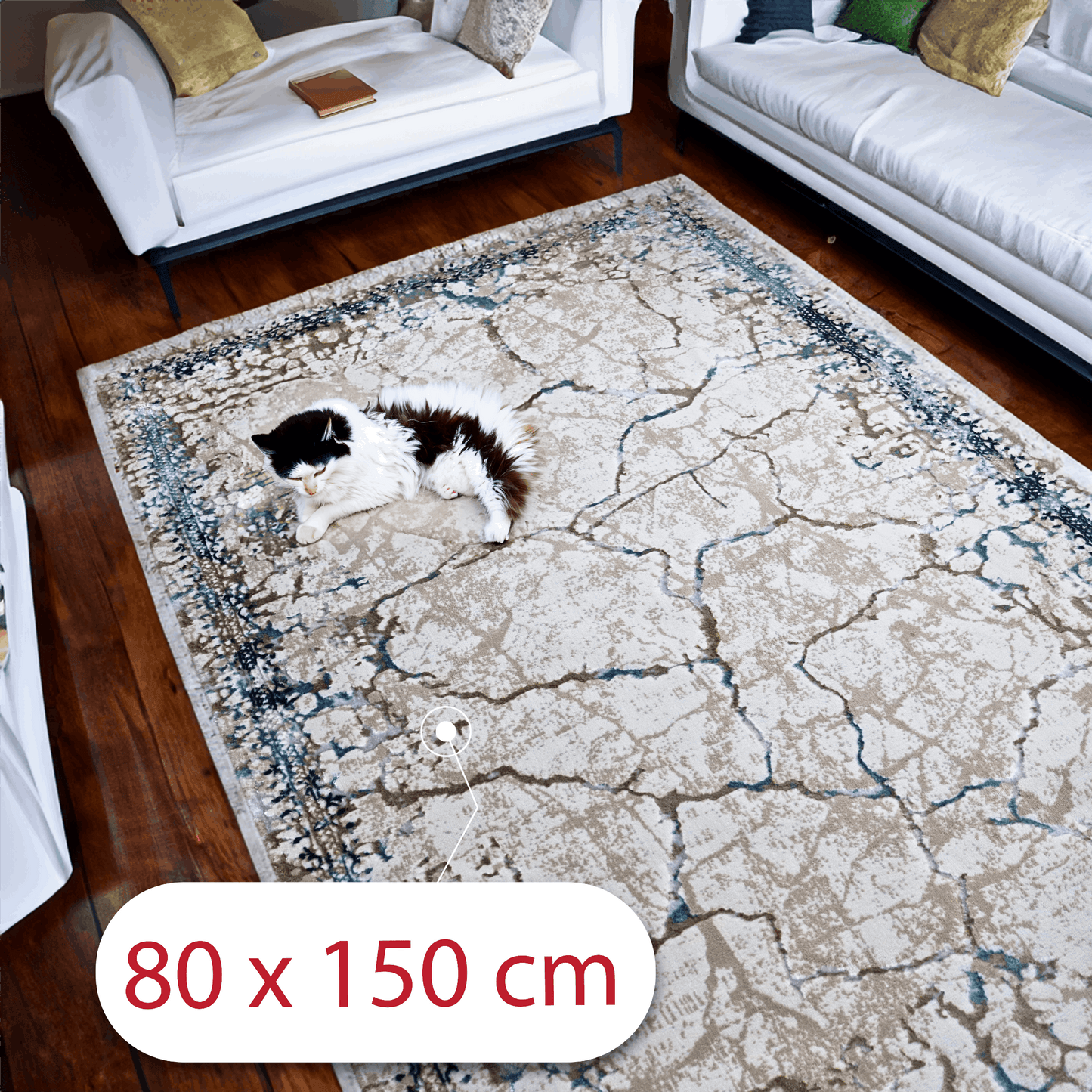 Covor Marbella Essence, Living/Dormitor, Albastru, Crem, Bej, Incalzire in pardoseala, Fir Scurt 8 mm, Dimensiuni 80x150 cm, 1750 g/m², BravaCasa