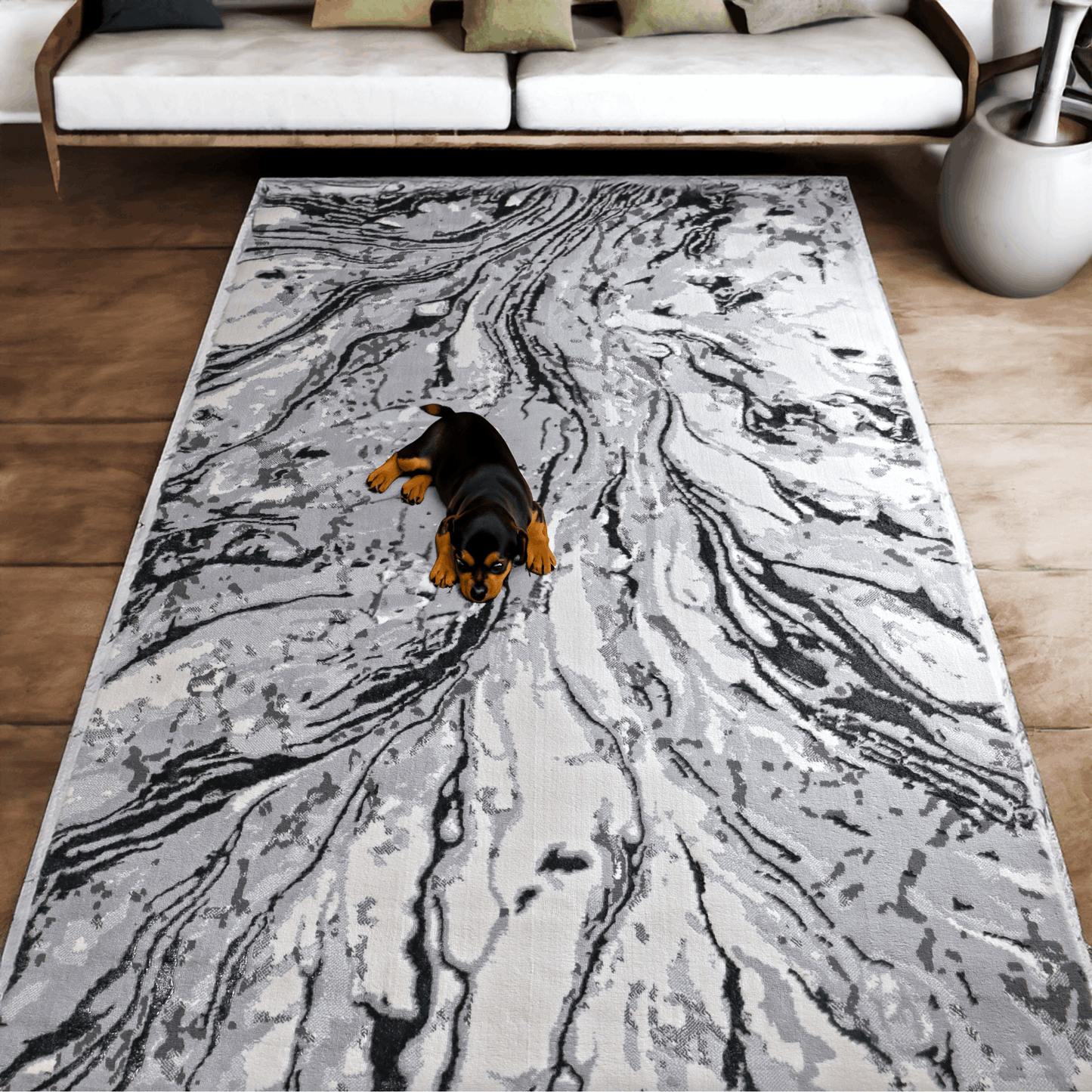 Covor Oscura, Living/Dormitor, Negru si Alb, Incalzire in pardoseala, Fir Scurt 8 mm , Dimensiuni 80x150 cm, 1750 g/m², BravaCasa