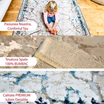 Covor Marbella Essence, Living/Dormitor, Albastru, Crem, Bej, Incalzire in pardoseala, Fir Scurt 8 mm, Dimensiuni 70x100 cm, 1750 g/m², BravaCasa