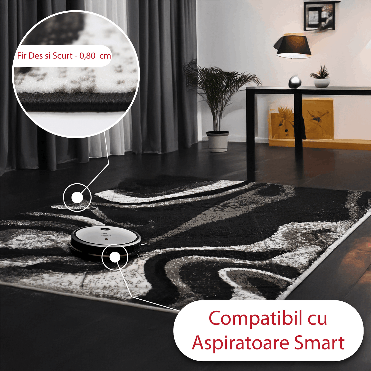 Covor Obsidian Tide, Negru/Alb/Gri, Incalzire in pardoseala, Fir Scurt si Des de 8 mm, 80x150 cm, 1300 g/m², BravaCasa