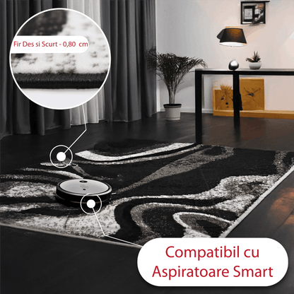Covor Obsidian Tide, Negru/Alb/Gri, Incalzire in pardoseala, Fir Scurt si Des de 8 mm, 80x150 cm, 1300 g/m², BravaCasa