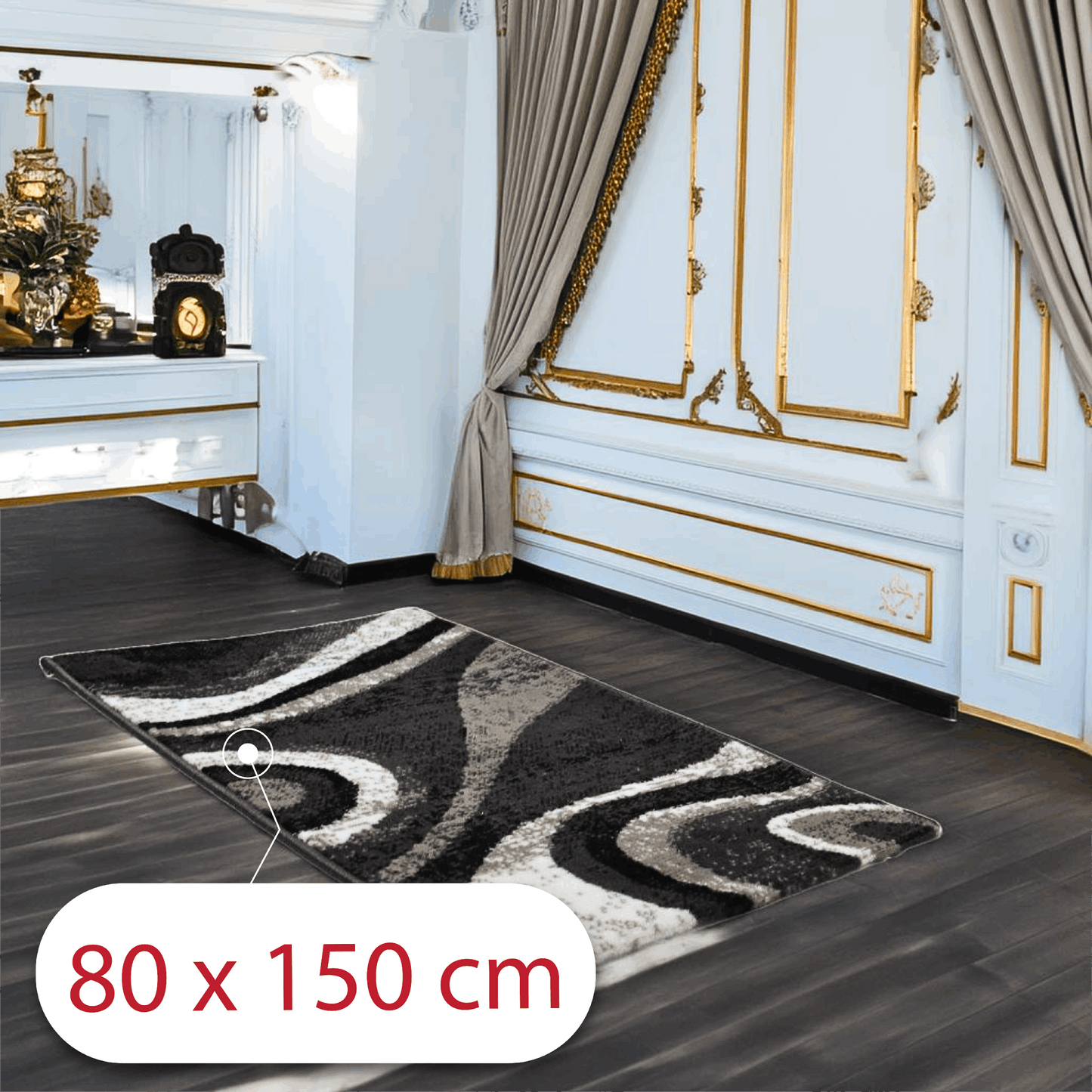 Covor Obsidian Tide, Negru/Alb/Gri, Incalzire in pardoseala, Fir Scurt si Des de 8 mm, 80x150 cm, 1300 g/m², BravaCasa